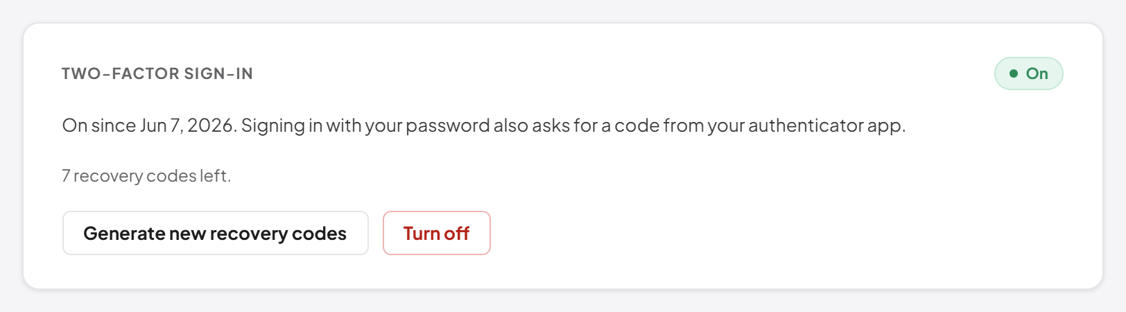 Two-factor sign-in turned on in the profile