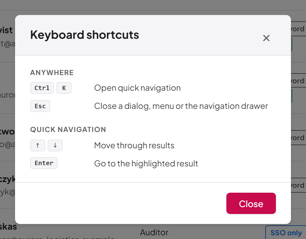 The keyboard shortcuts dialog
