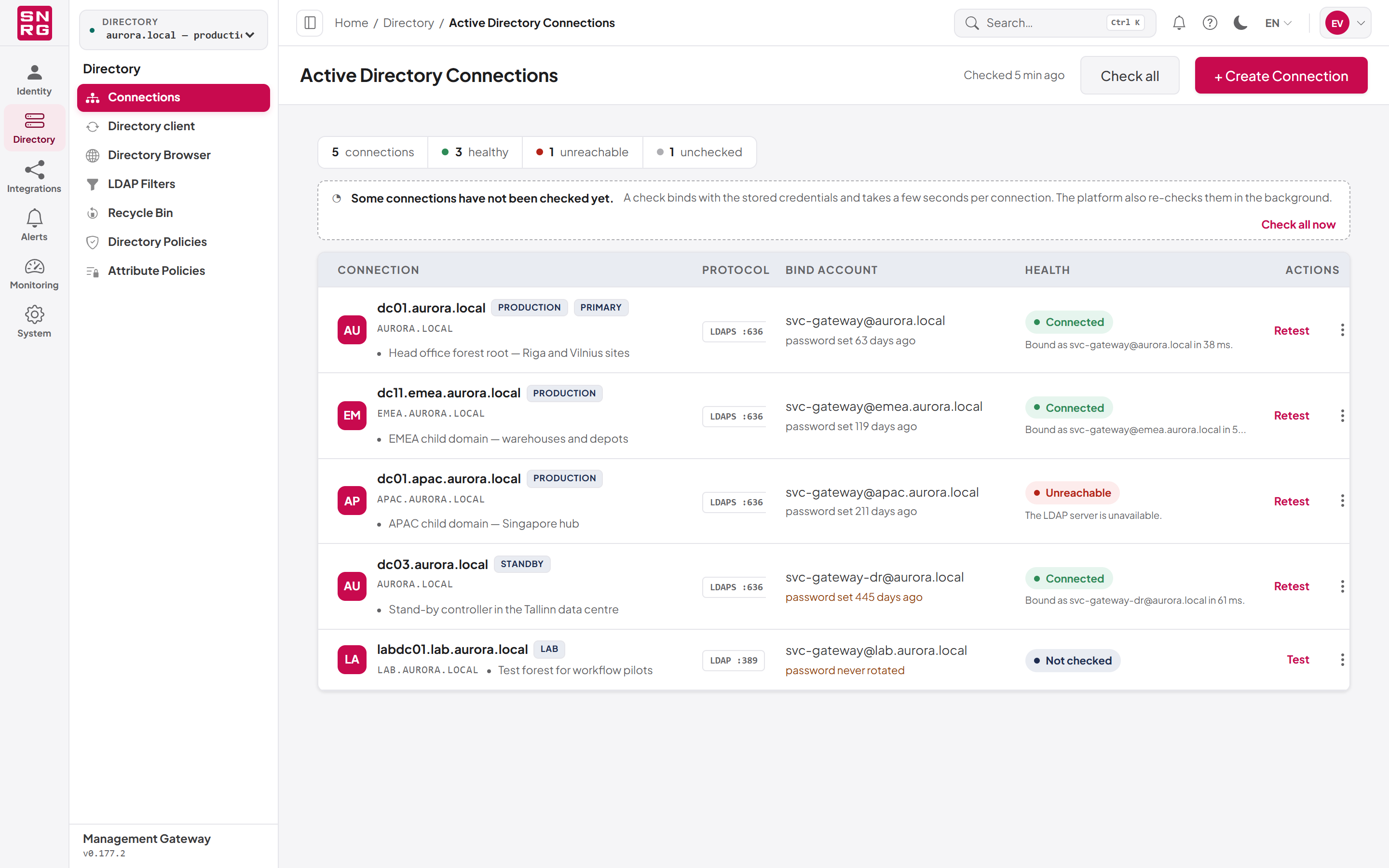 The Active Directory Connections page