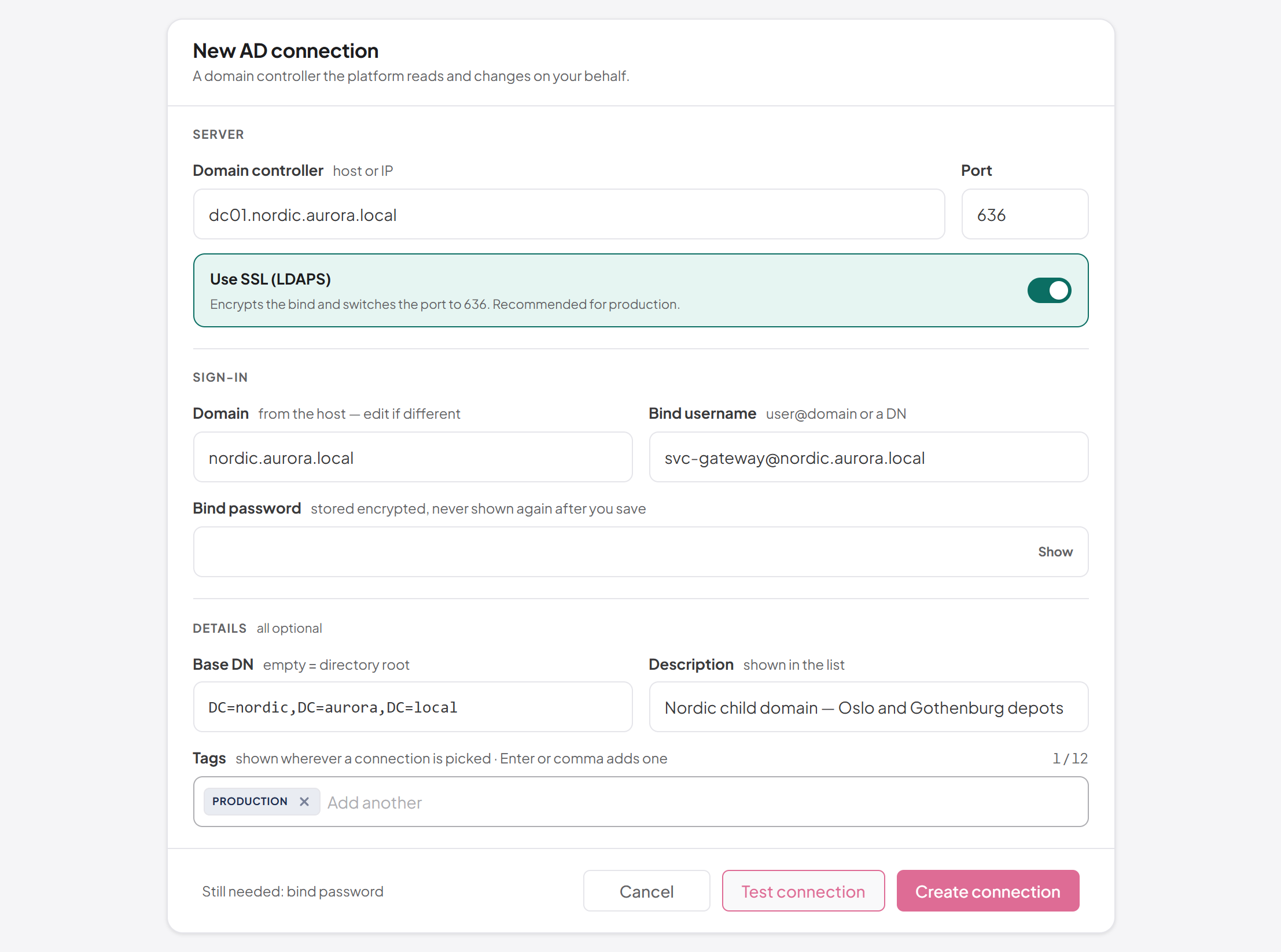 The New AD connection form
