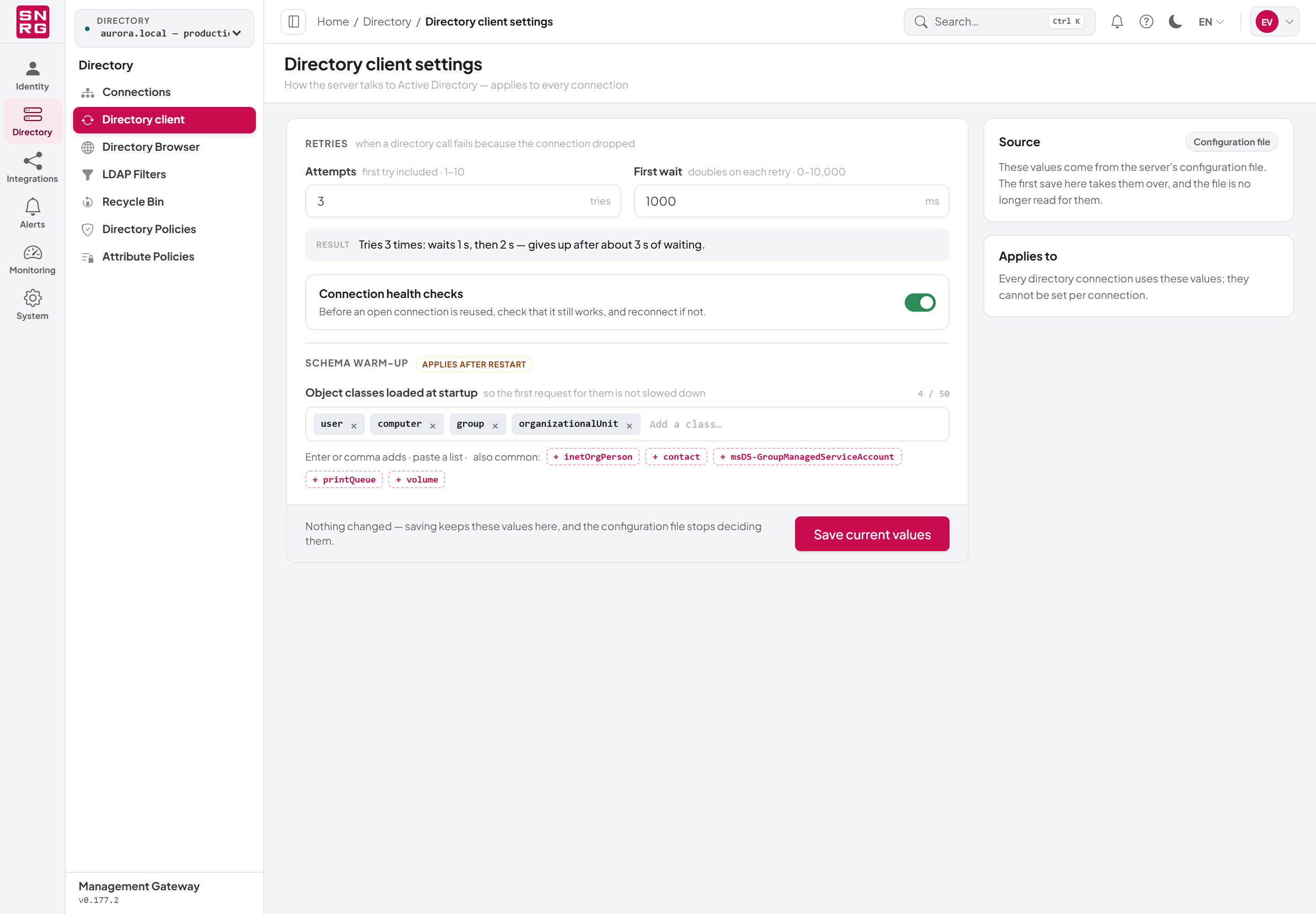 The Directory client settings screen