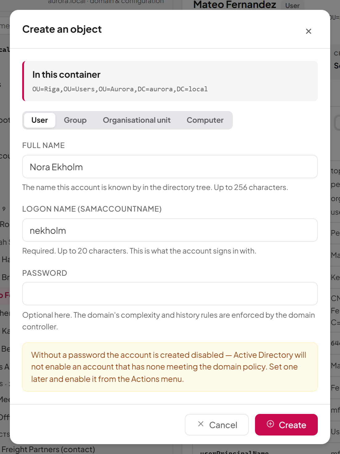 Creating a user