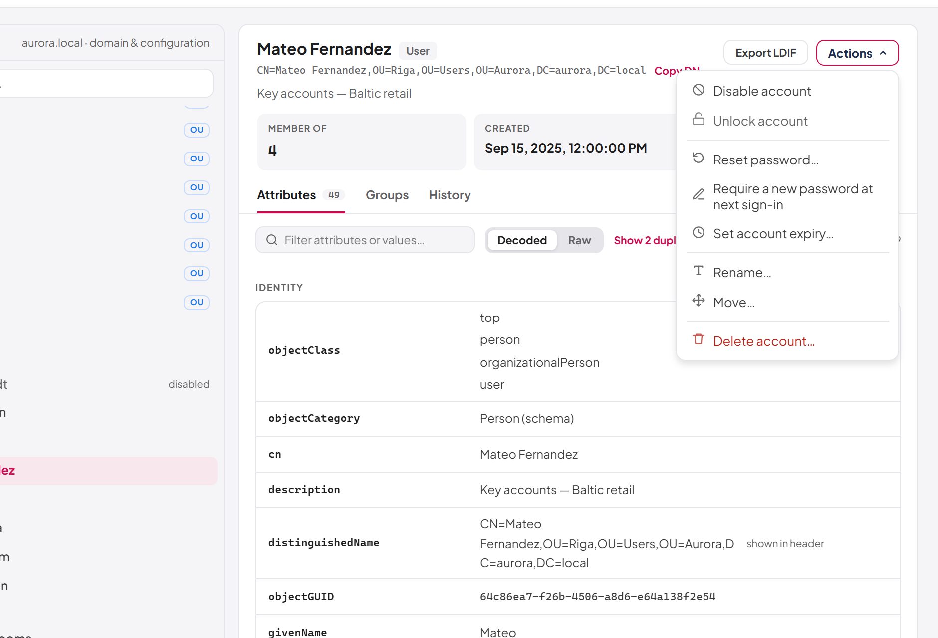 The user Actions menu