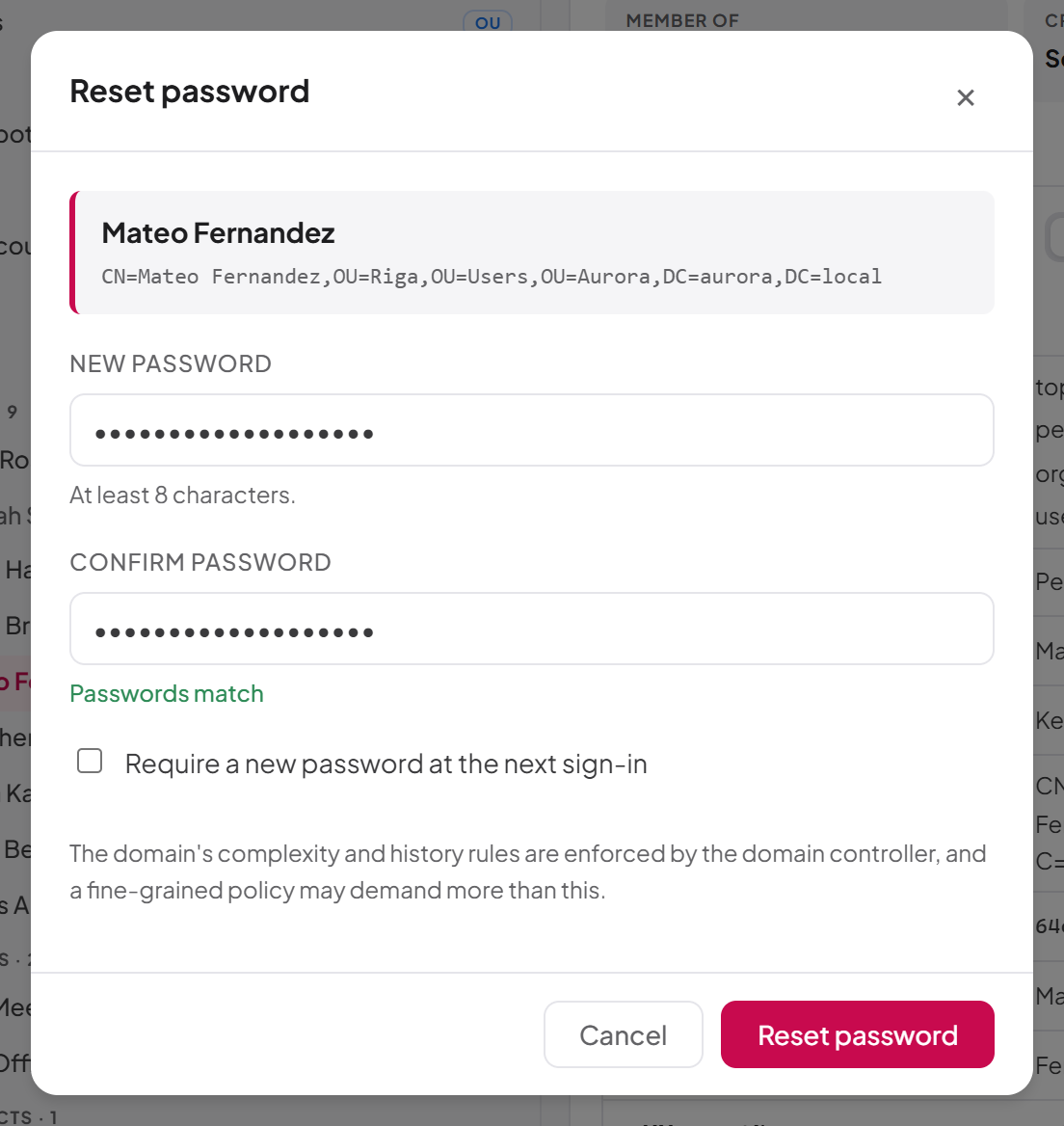 Resetting a user's password