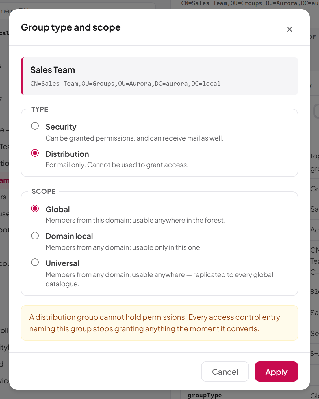 Changing a group's type and scope