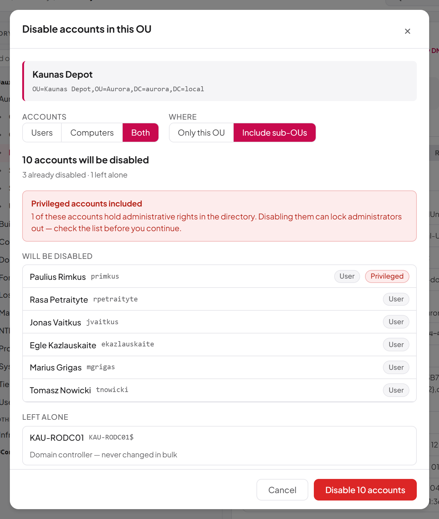 Disabling the accounts in an OU