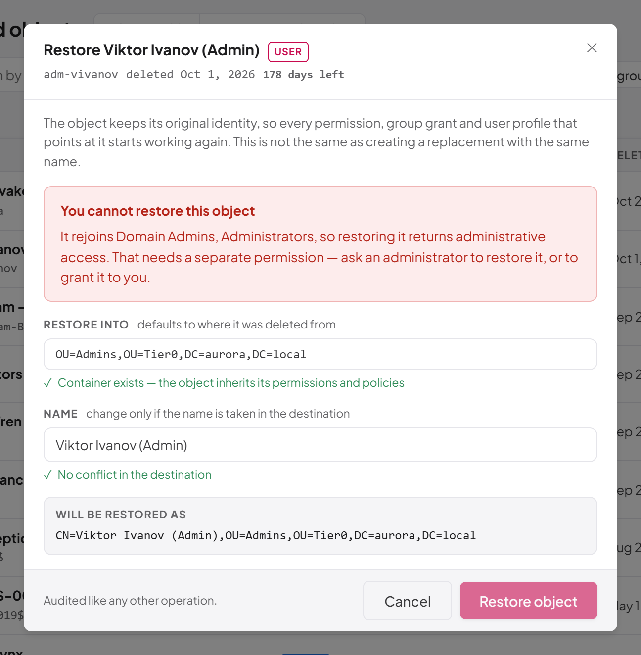 Restoring a privileged account