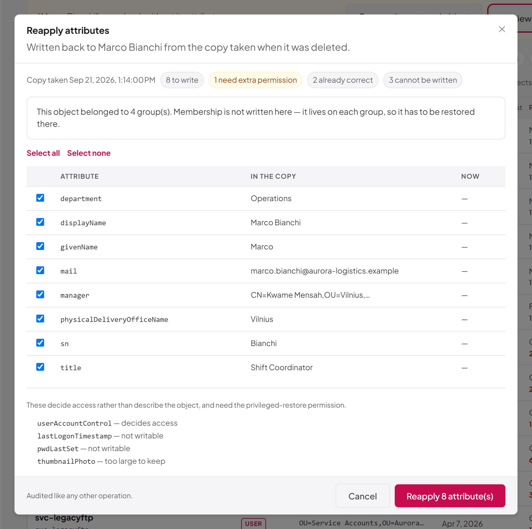 The Reapply attributes dialog