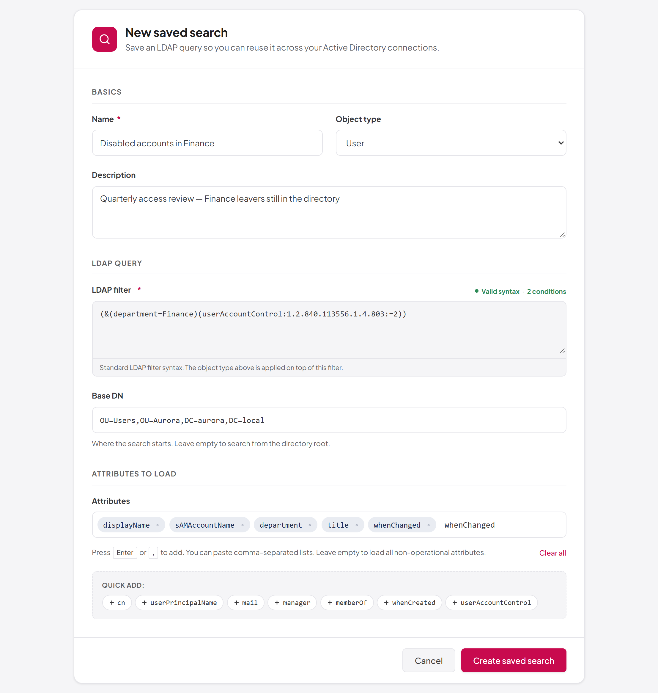 The New saved search form
