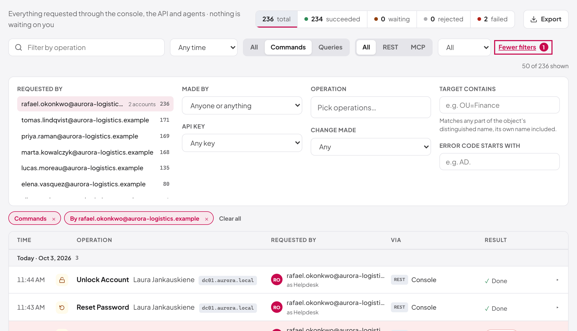 Filtering the operations log