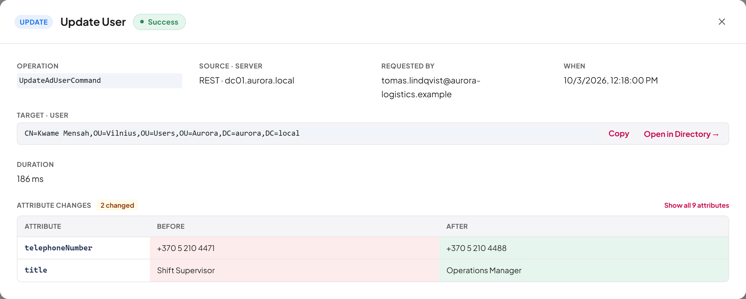 Operation detail for a directory update
