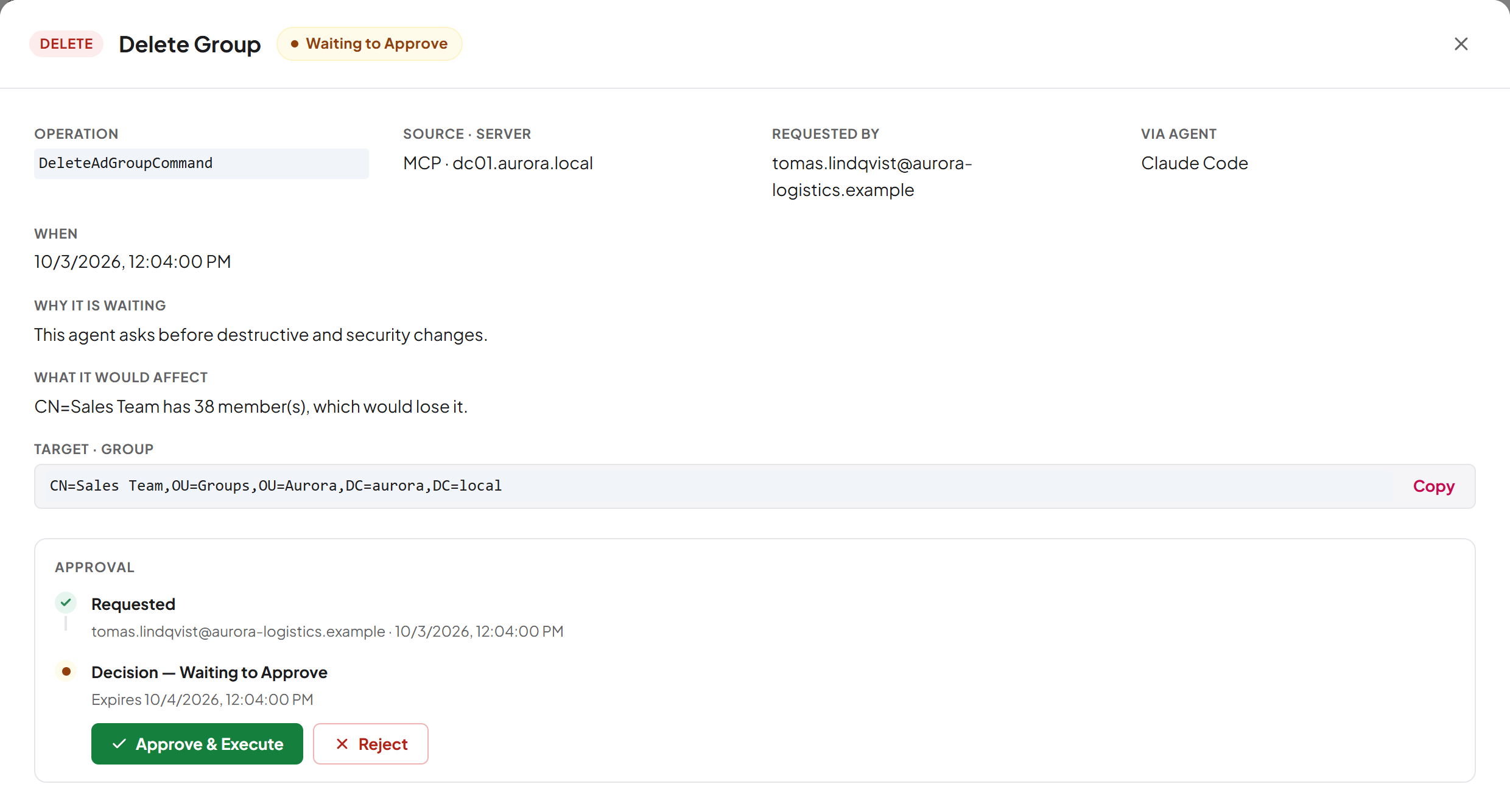 Approval timeline of a waiting agent request