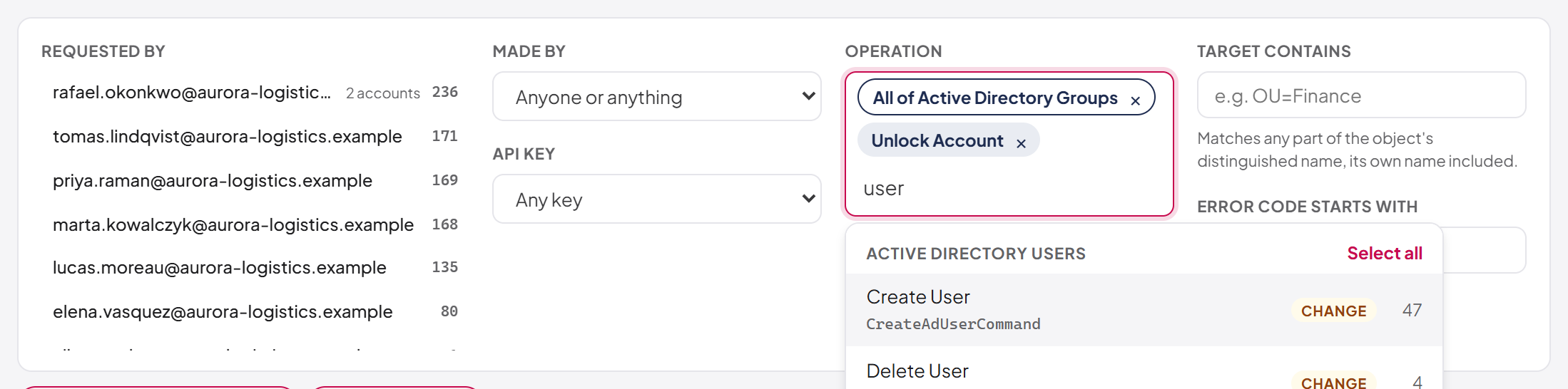 Choosing operations to filter on