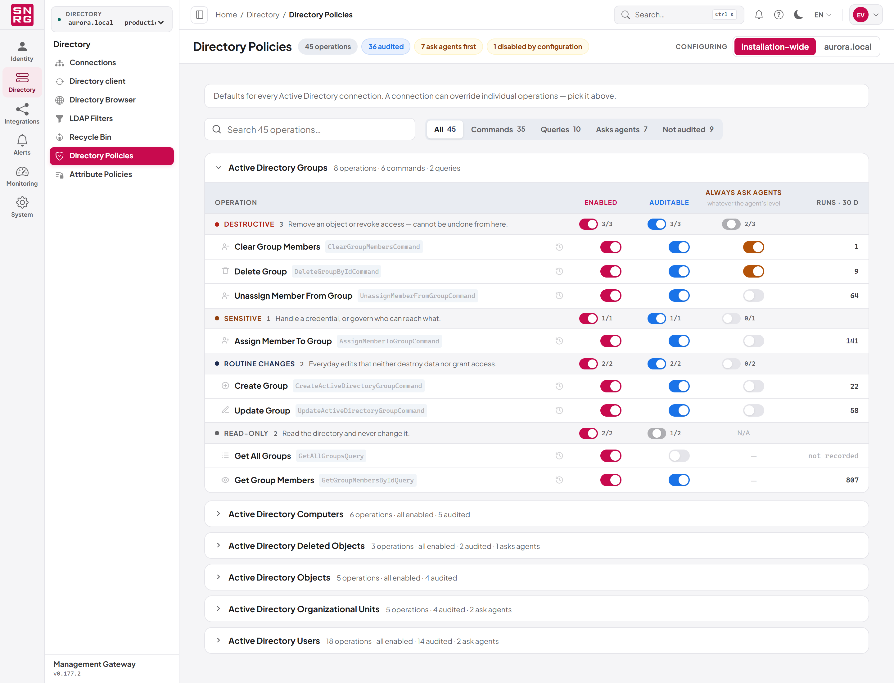 The Directory Policies screen