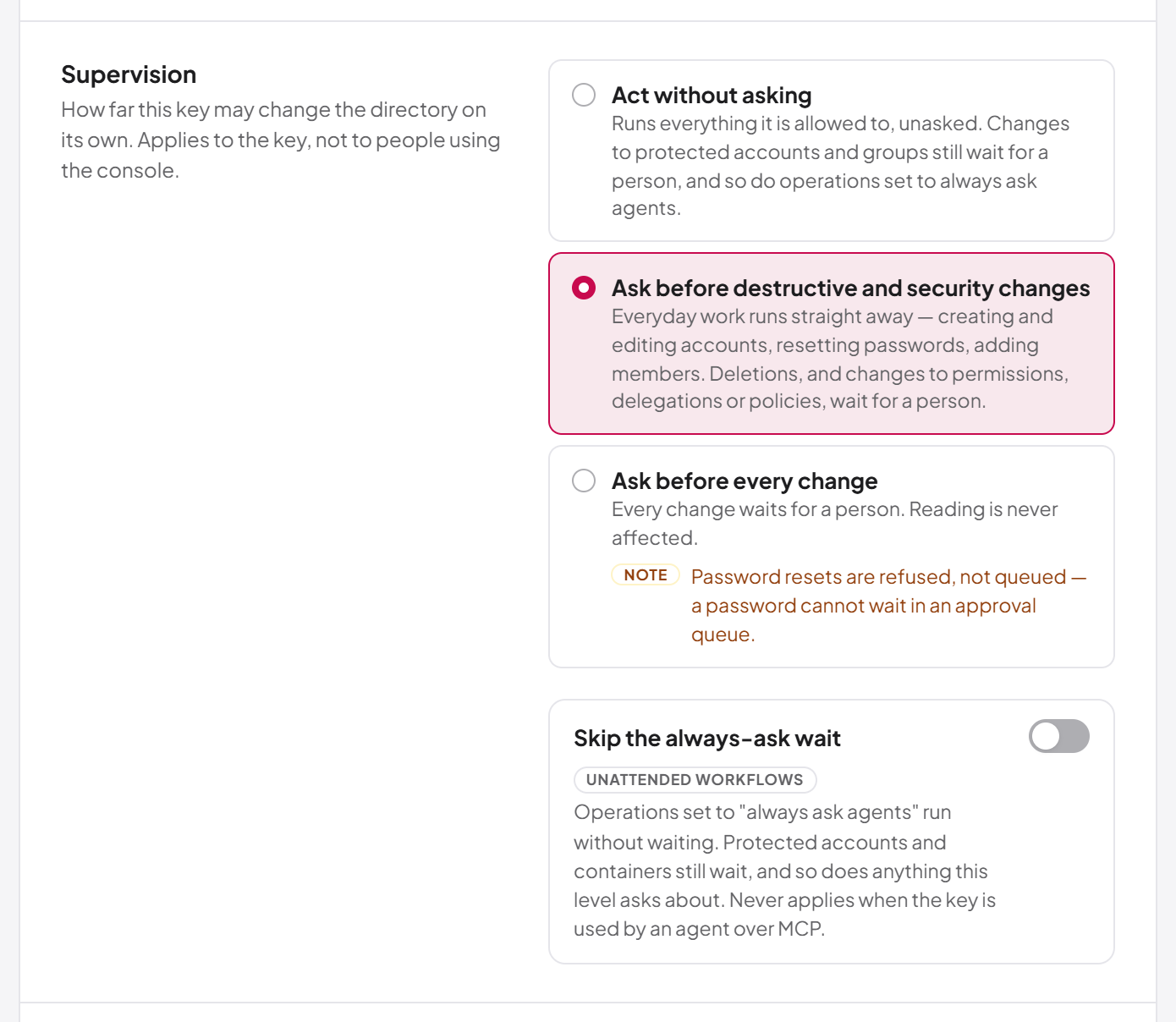 Supervision section of an API key