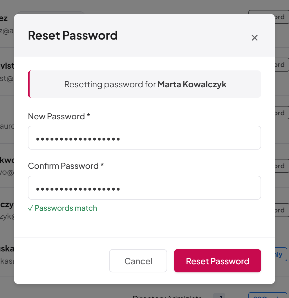 The Reset Password dialog