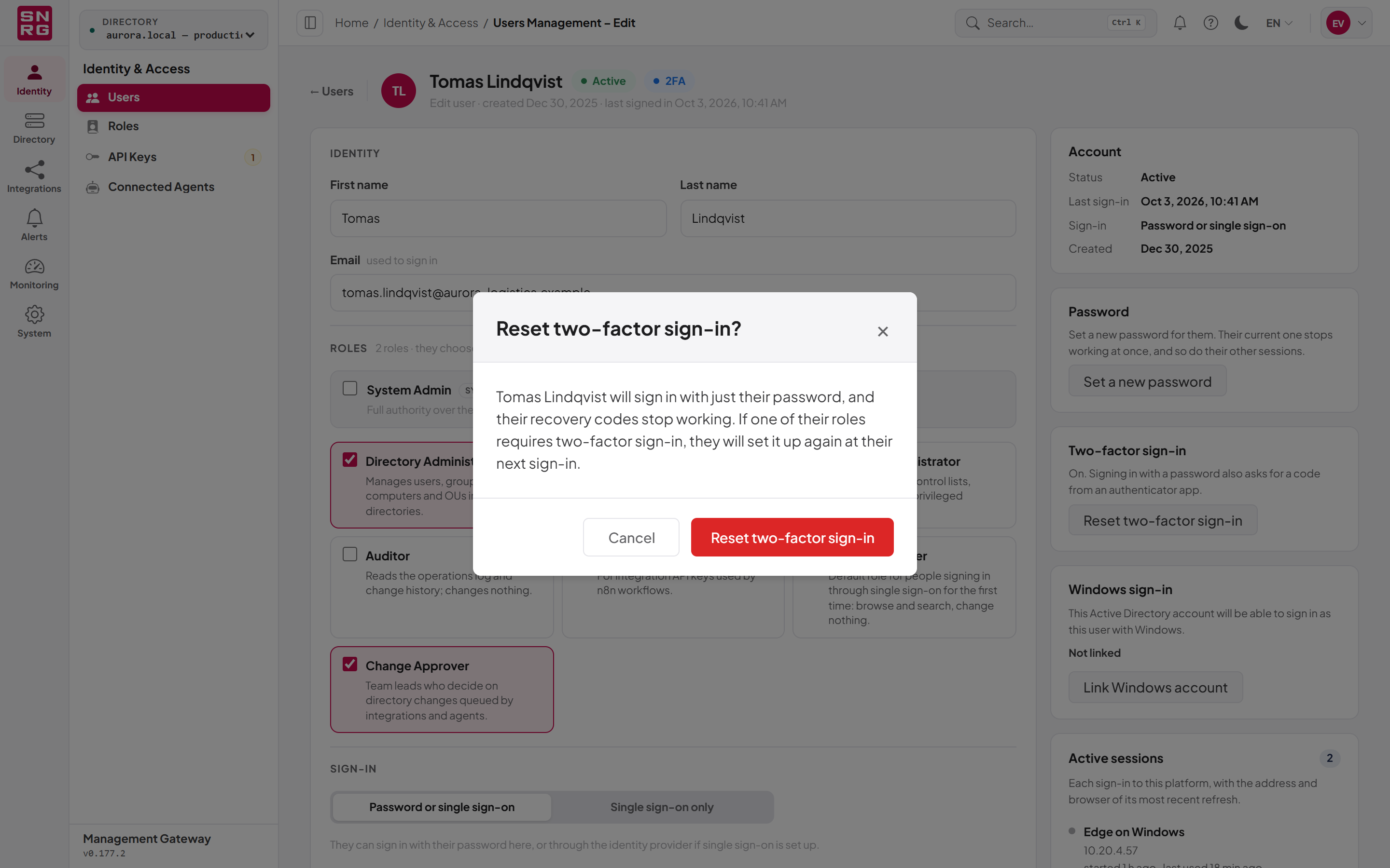 Resetting two-factor sign-in