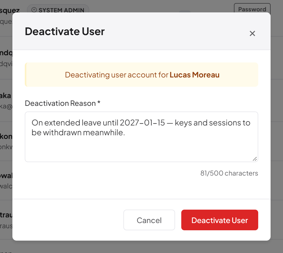 The Deactivate User dialog