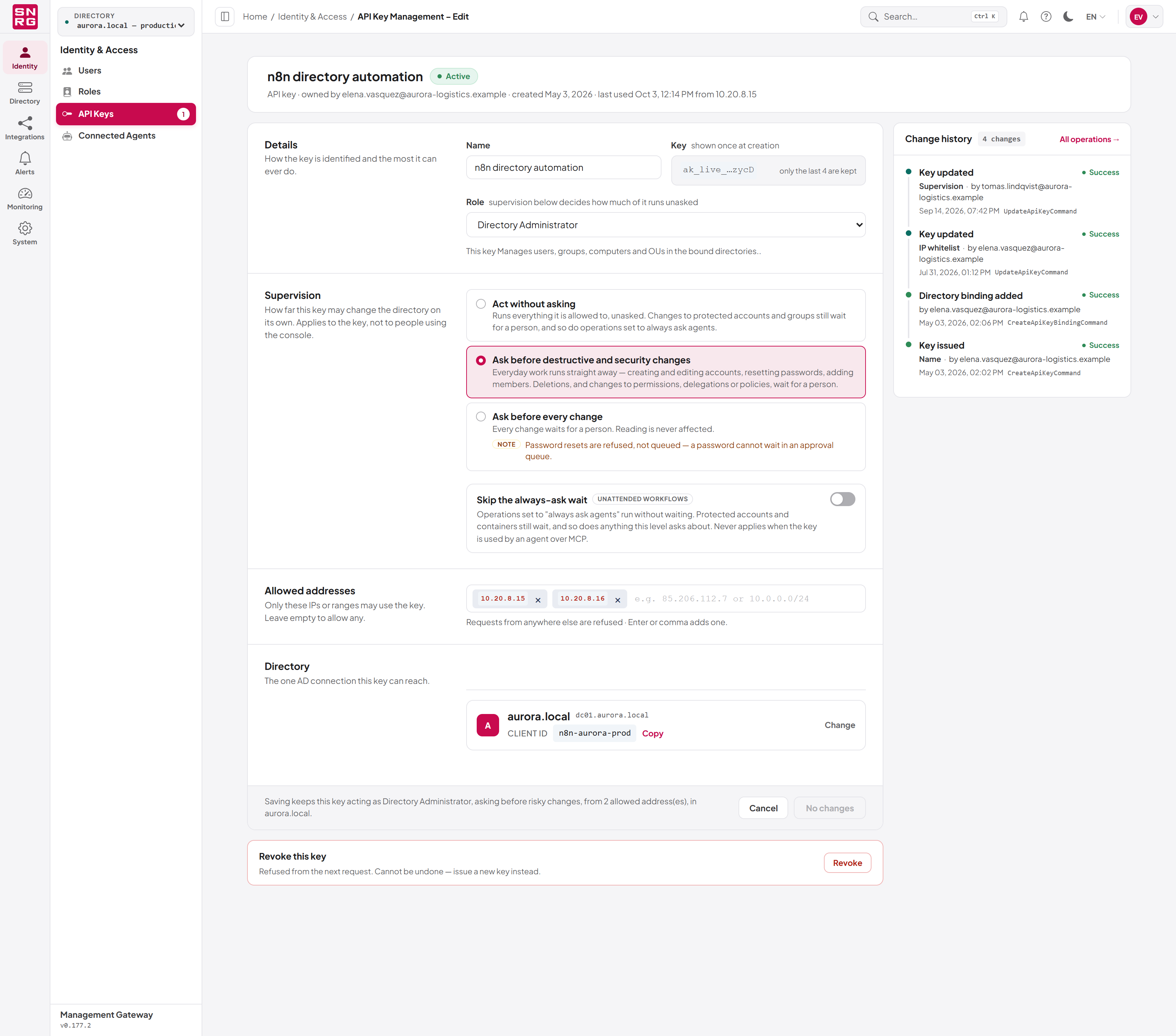 An API key's settings page