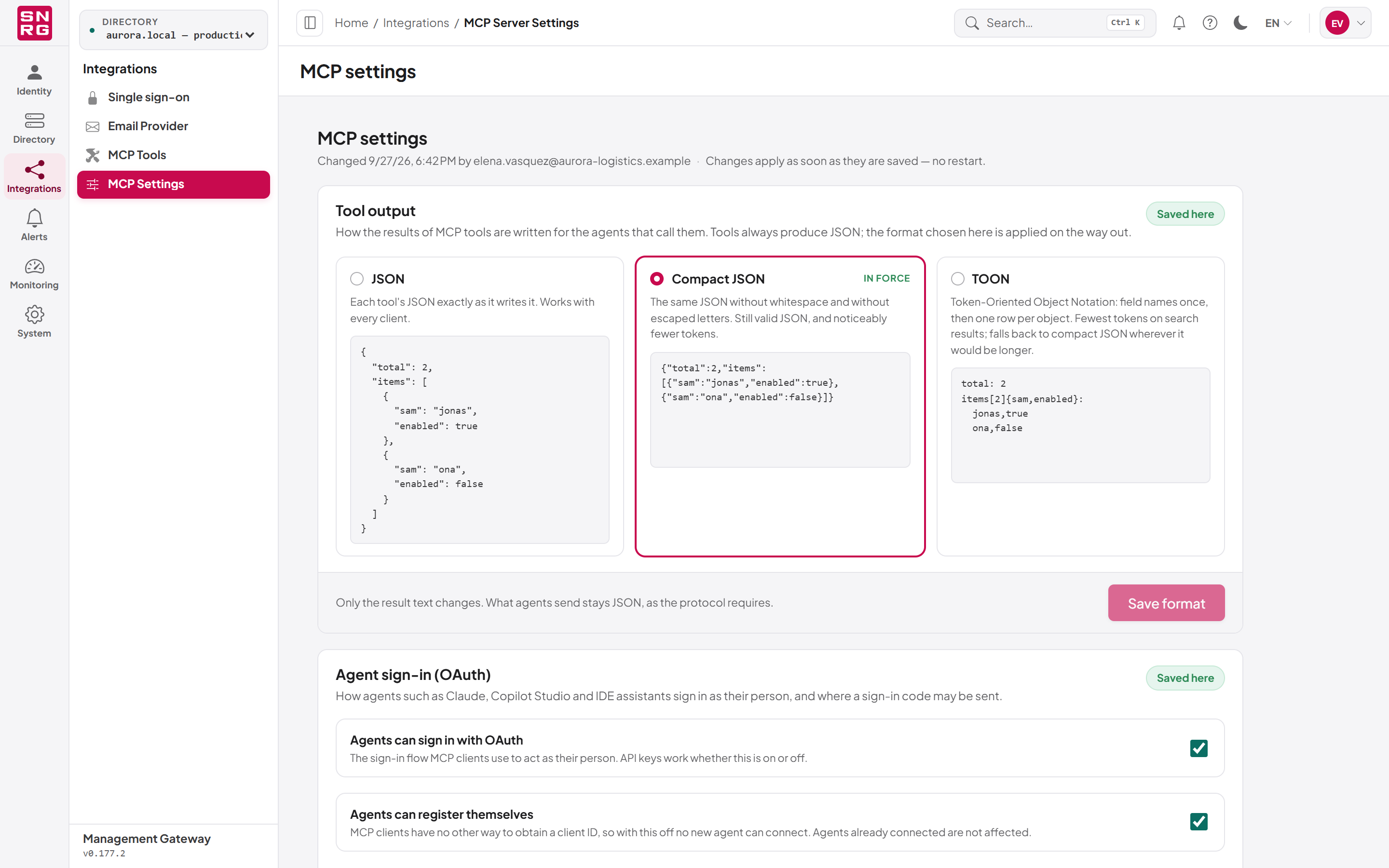 The MCP Settings screen