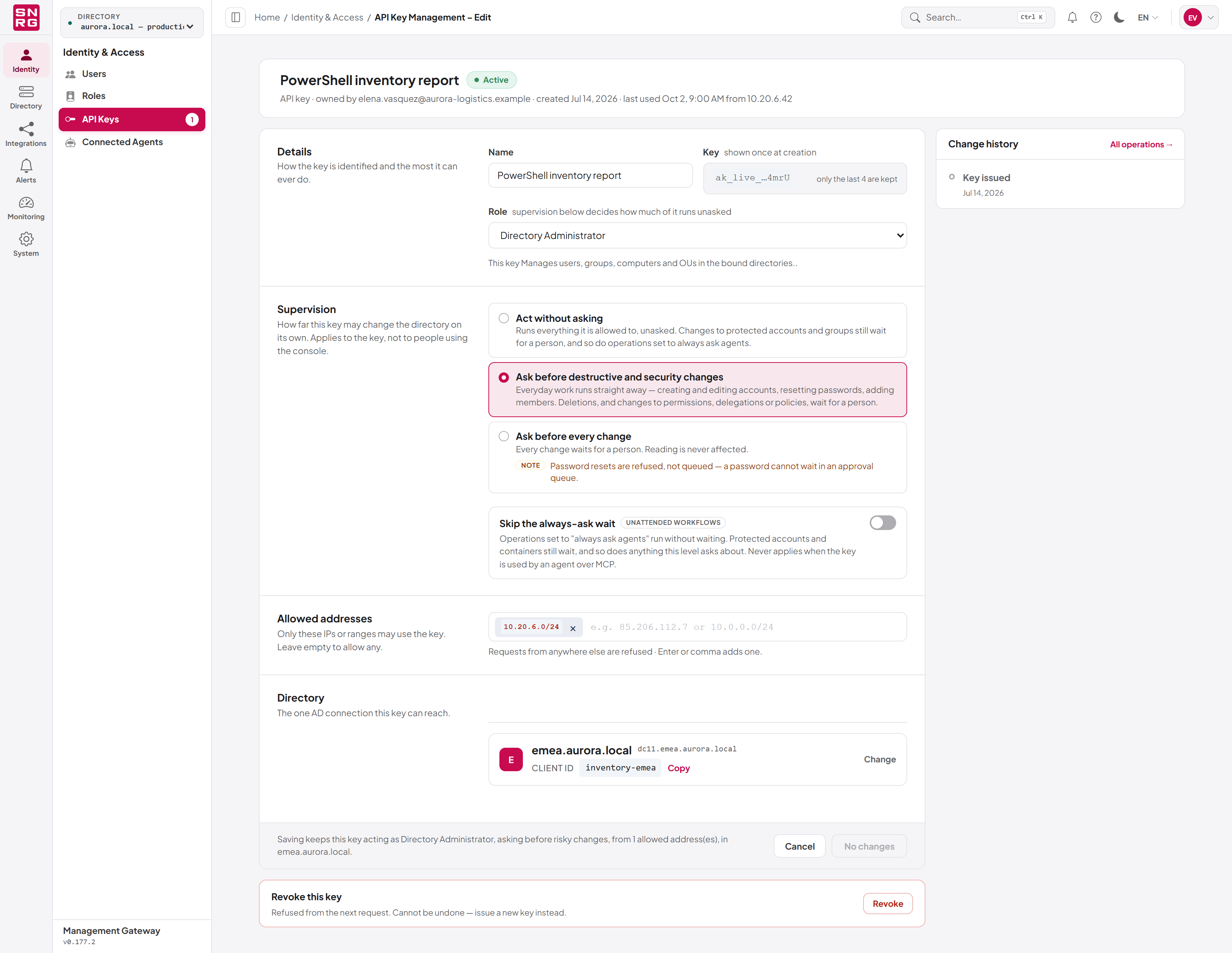 API key and directory link used by an integration