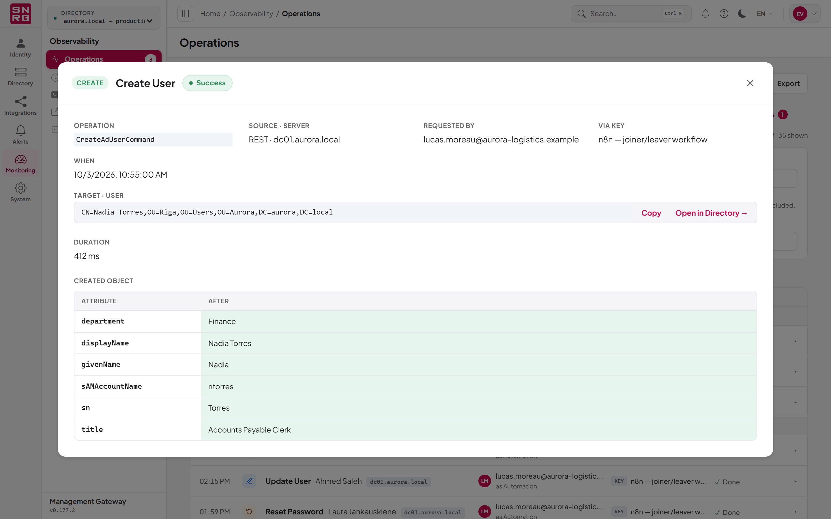 An integration's change in the operations log