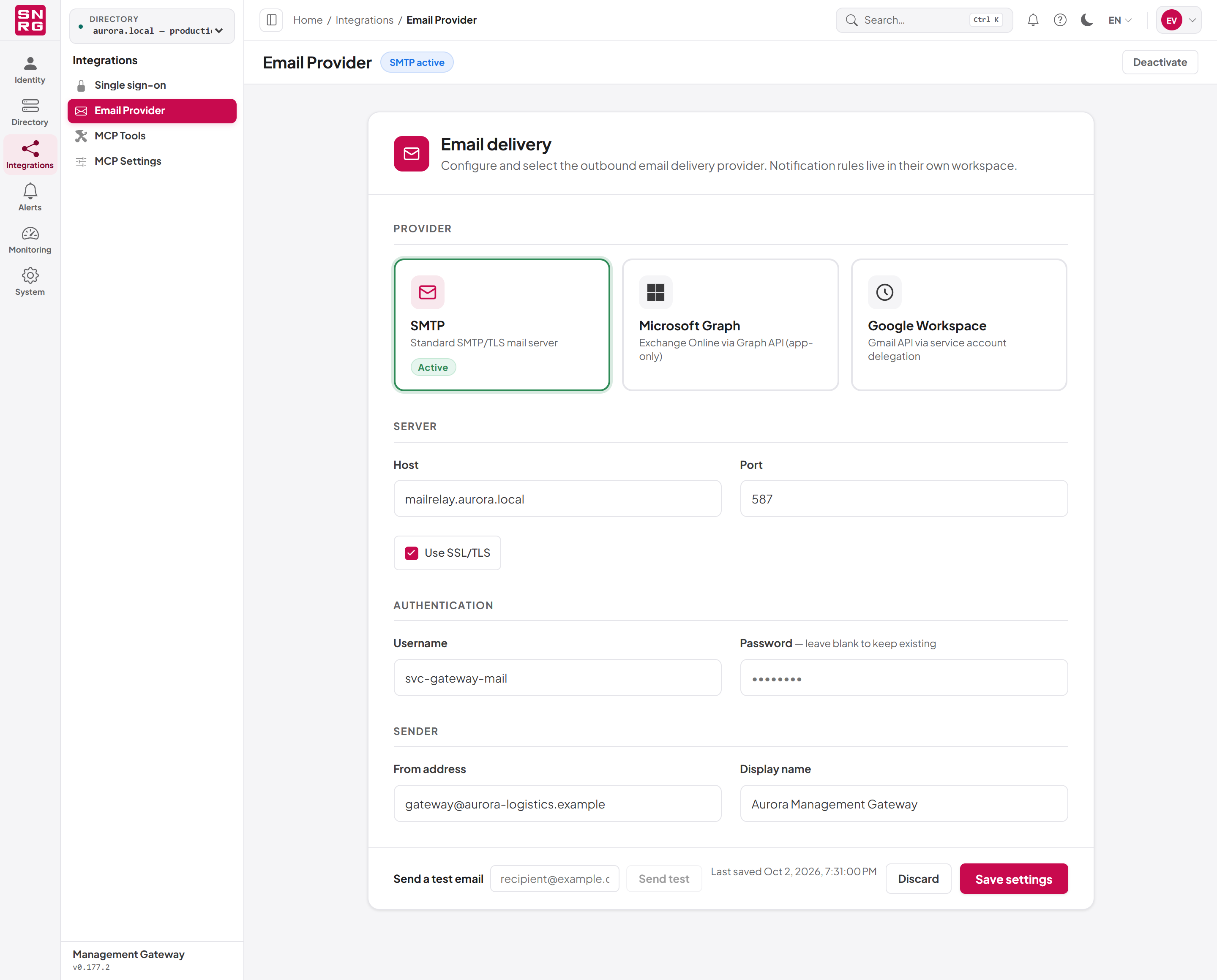 The Email Provider page