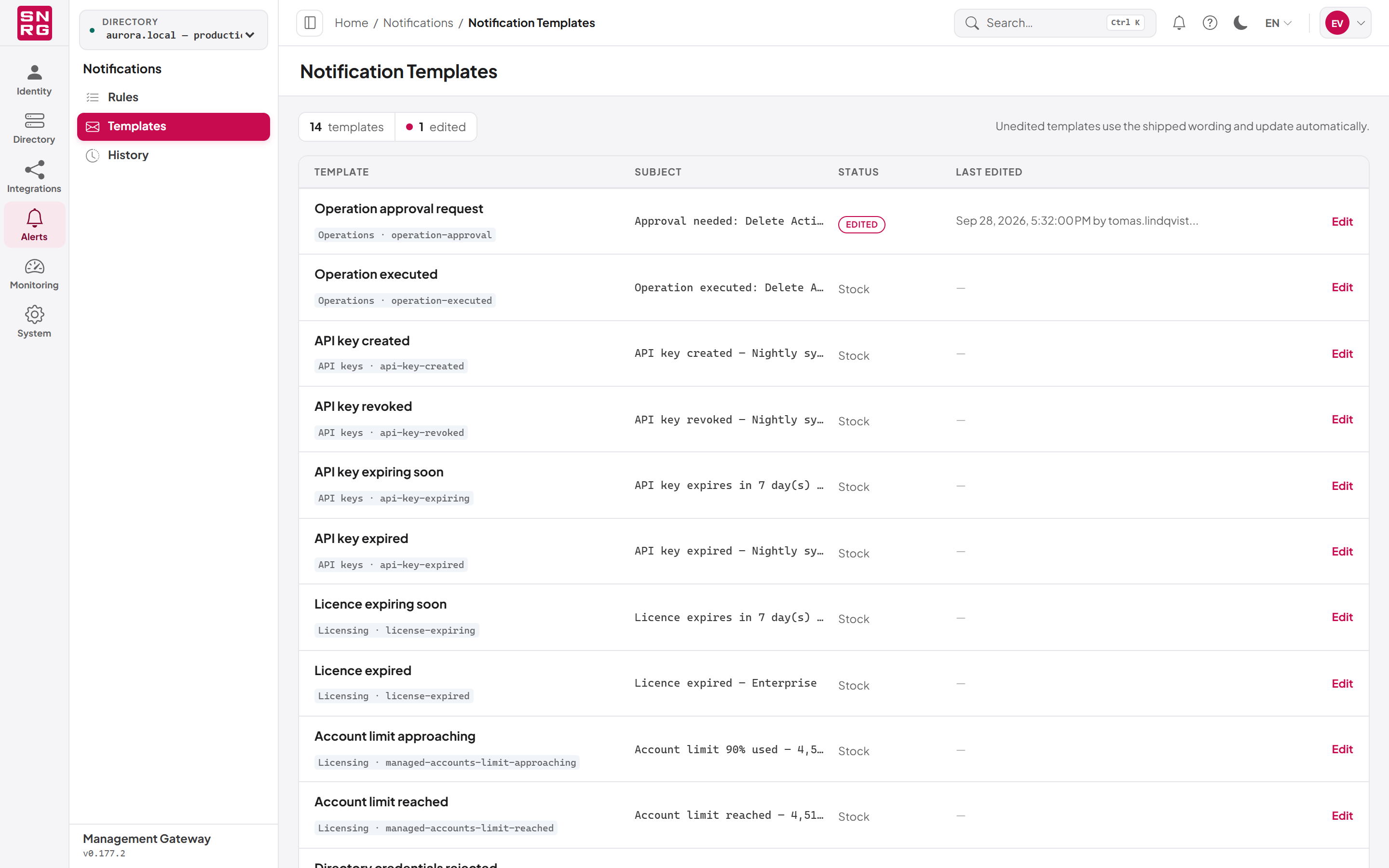 The Notification Templates list