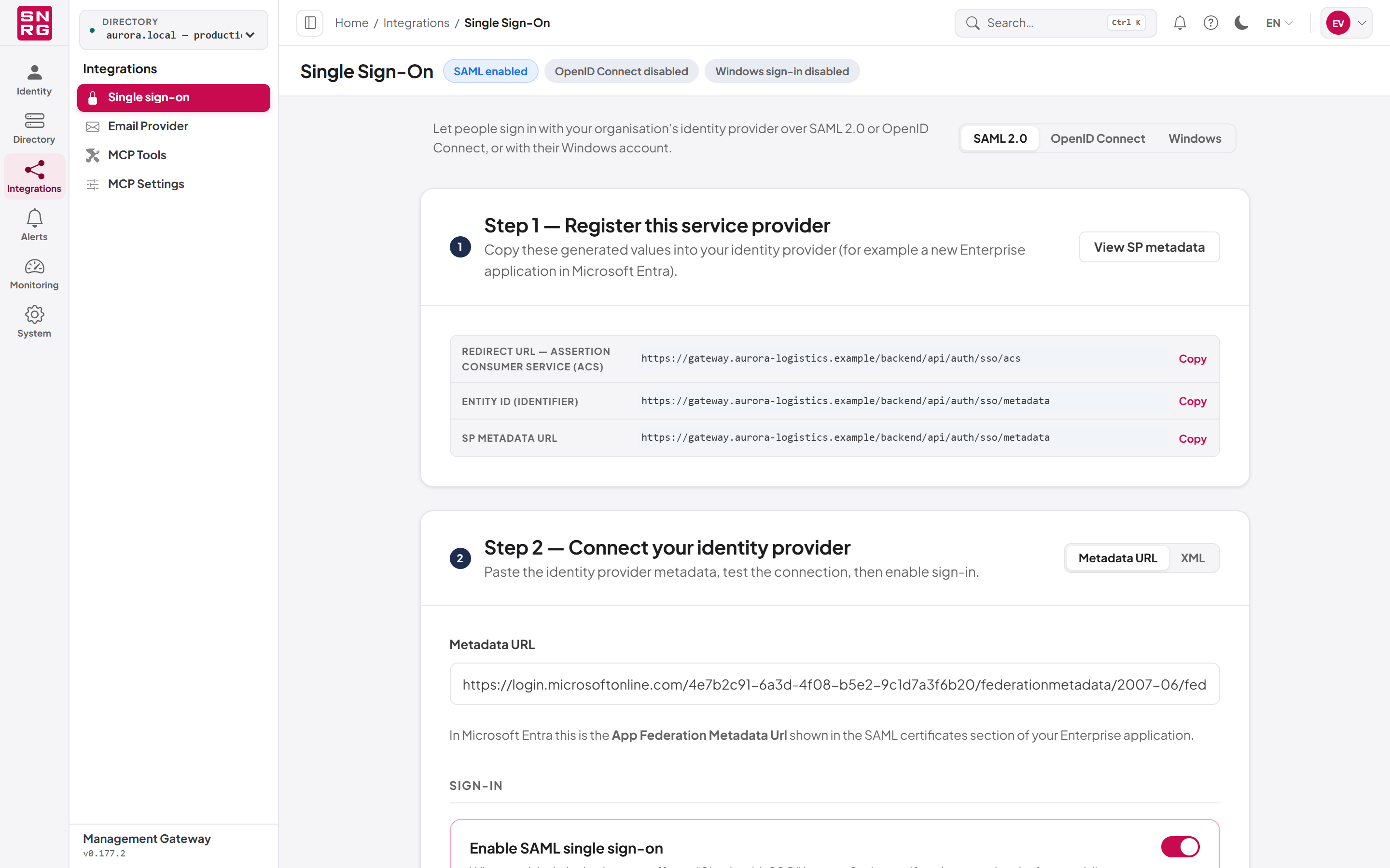 The Single sign-on page