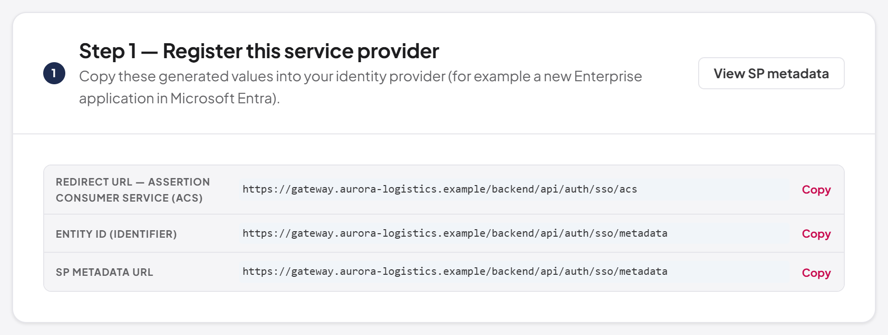 SAML step 1 — service provider values