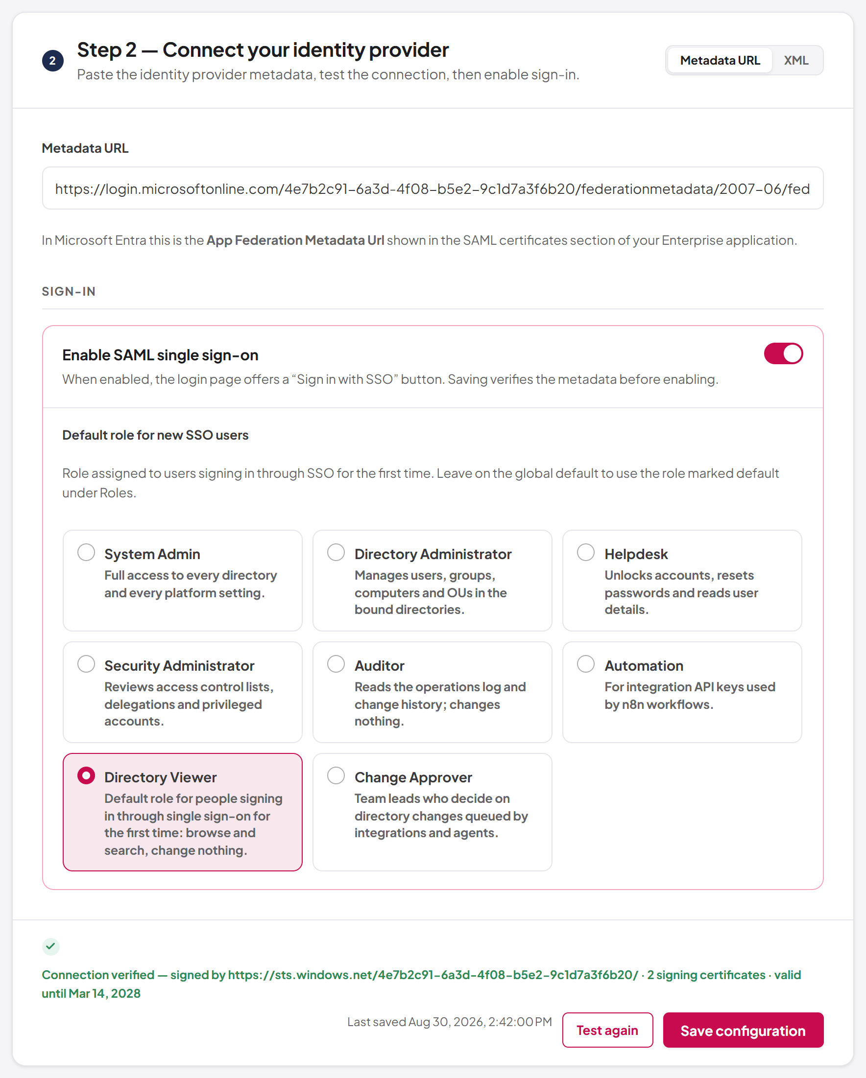 SAML step 2 — connected and enabled