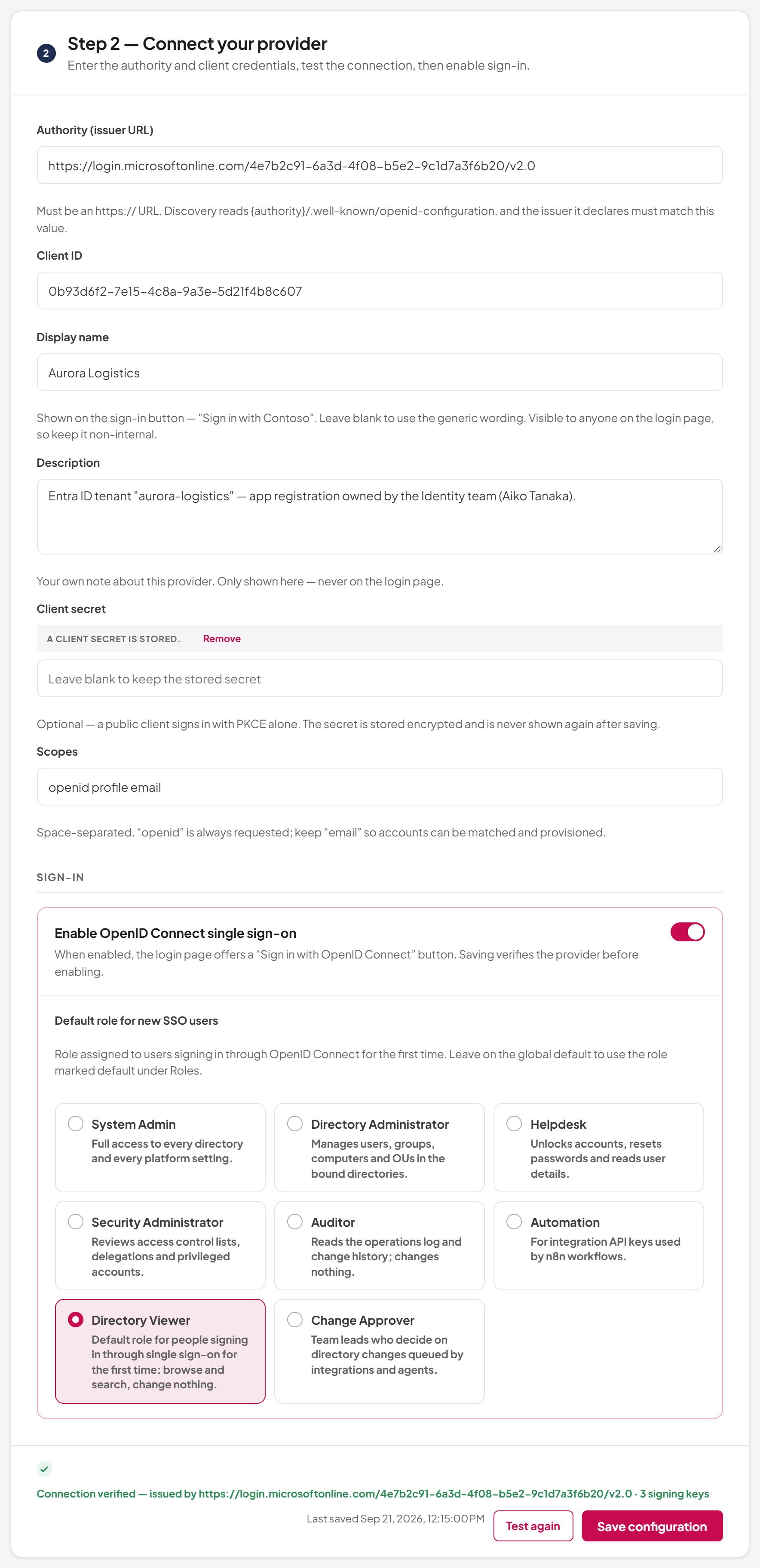 OpenID Connect step 2 — provider details