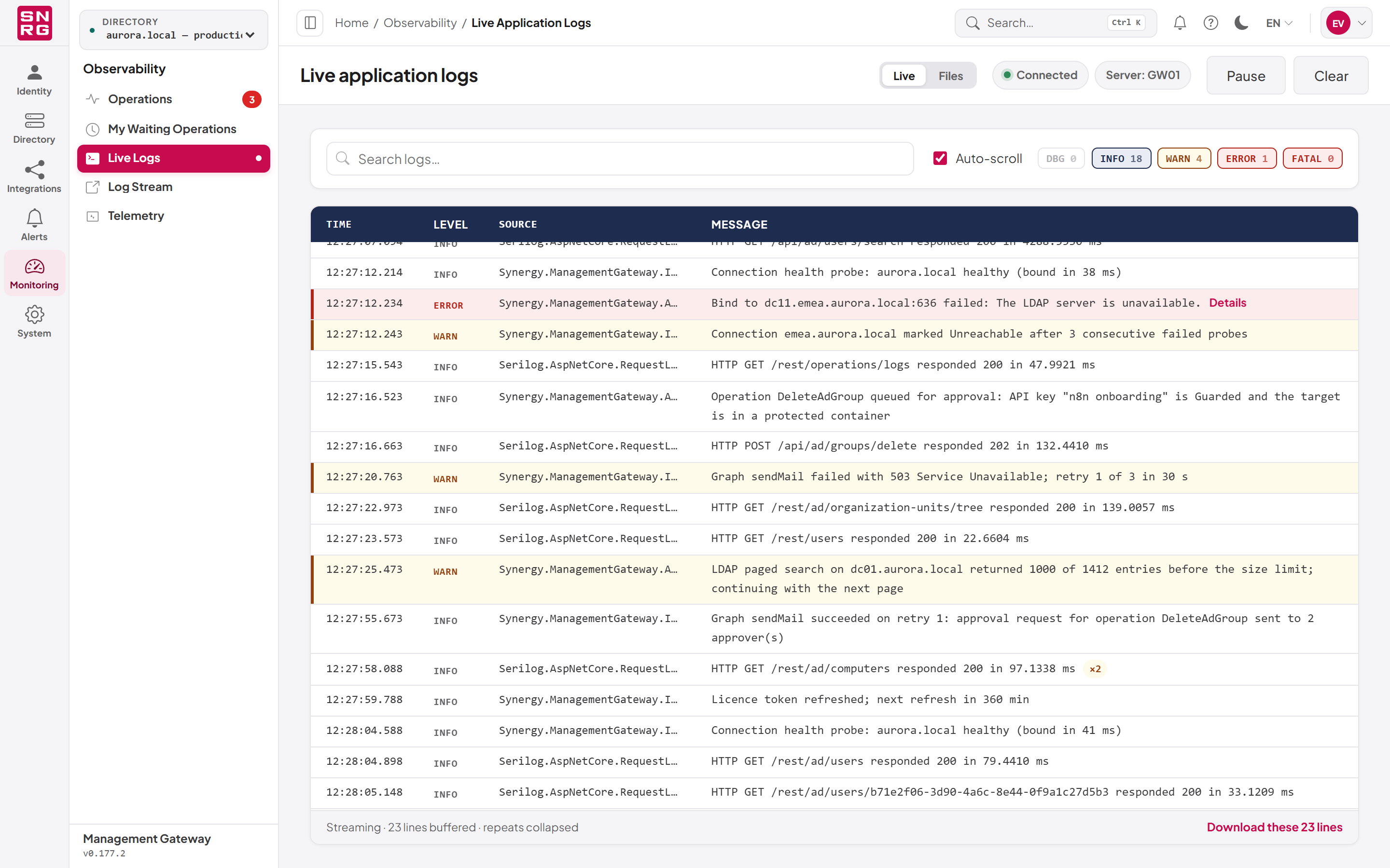 The Live Logs page in the Live view