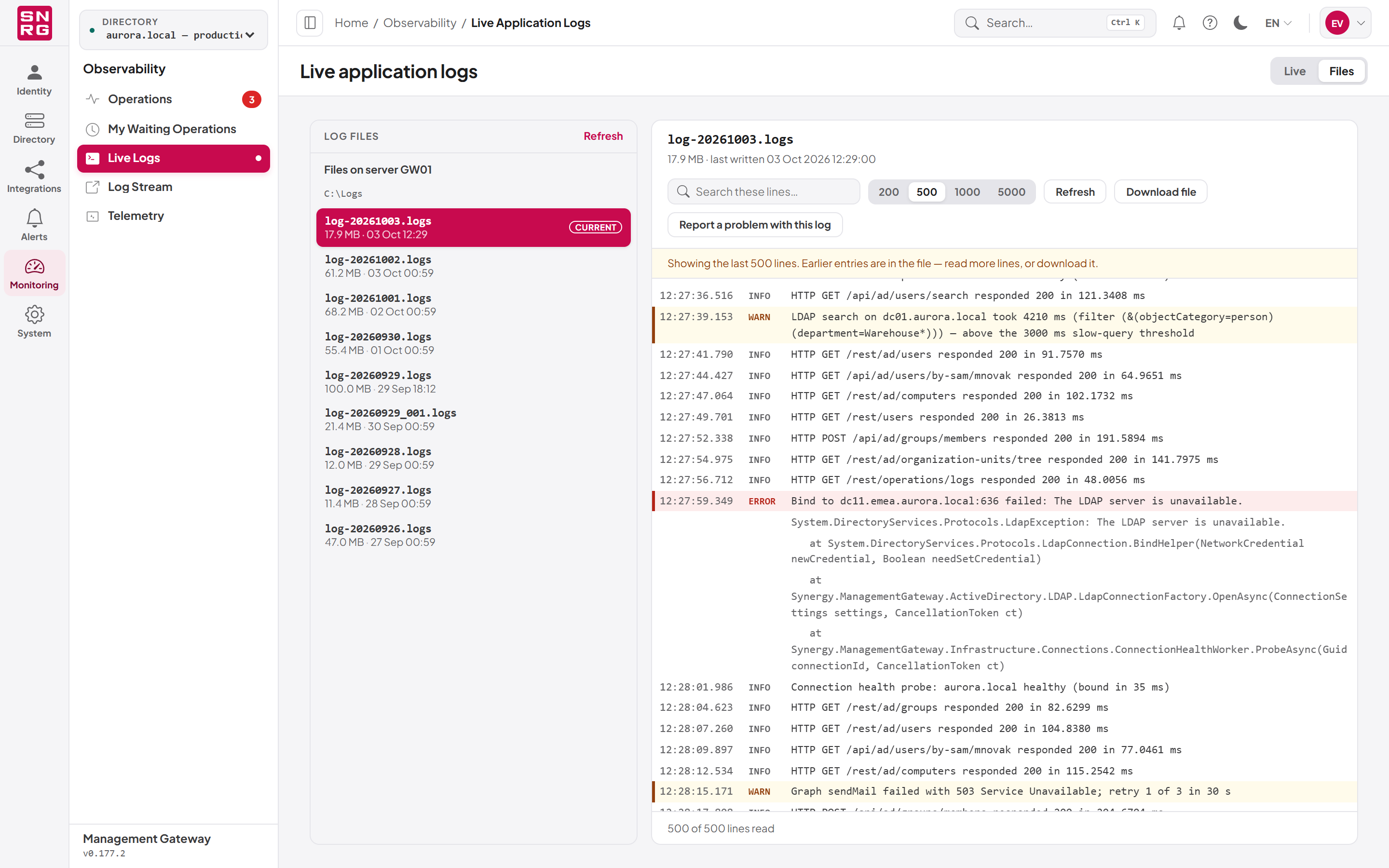 Reading a log file in the Files view