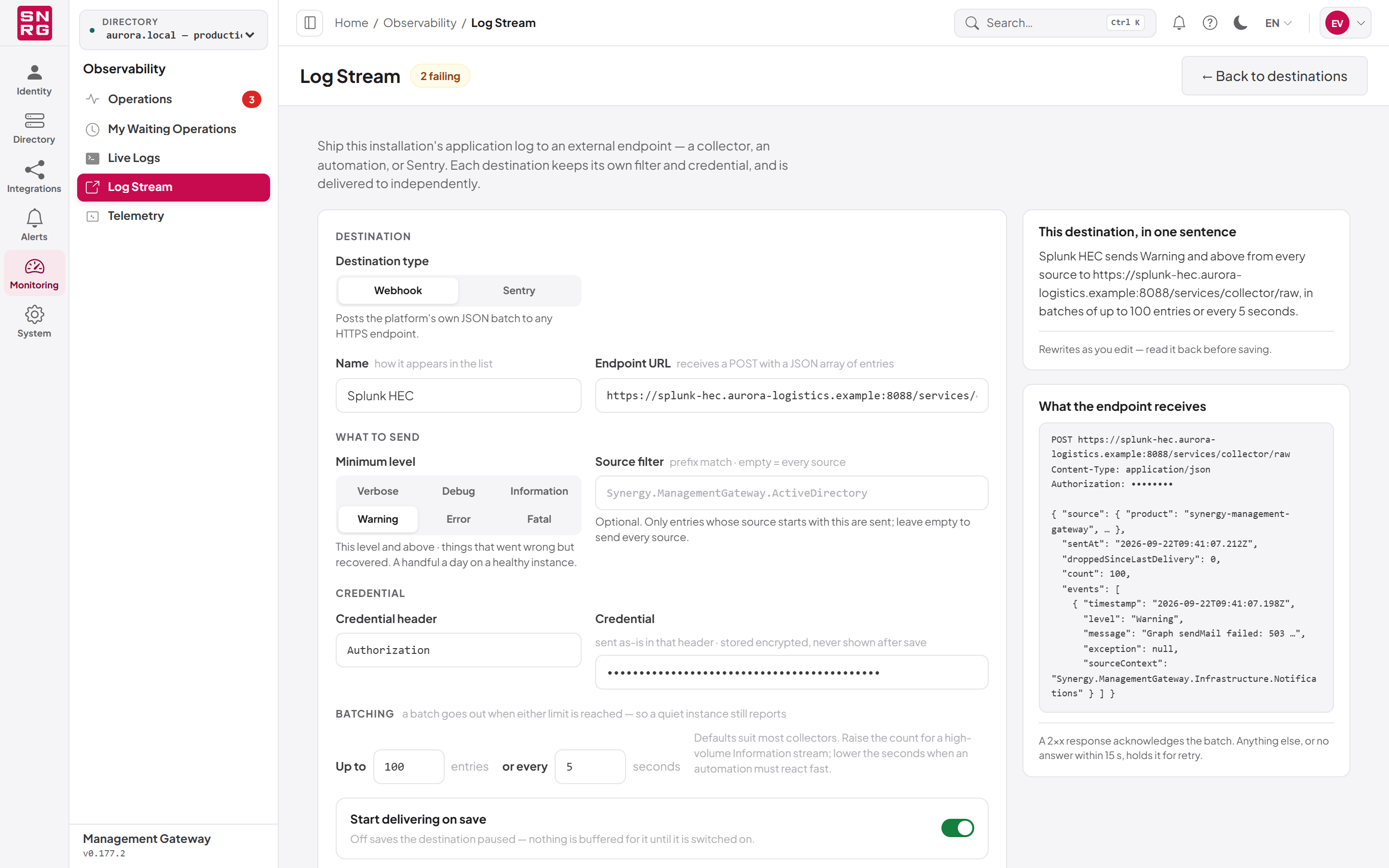 Creating a log webhook
