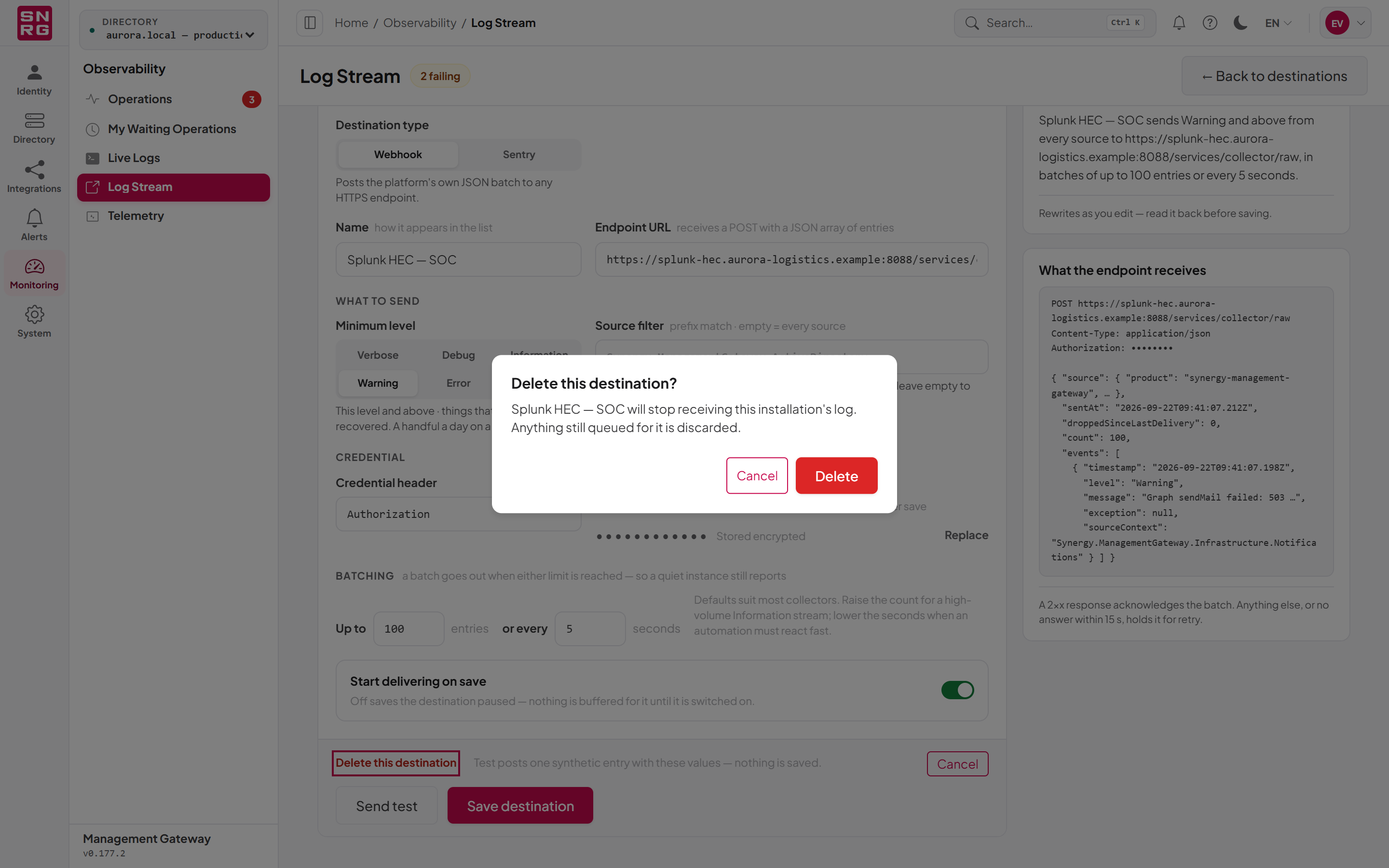 Deleting a log stream destination