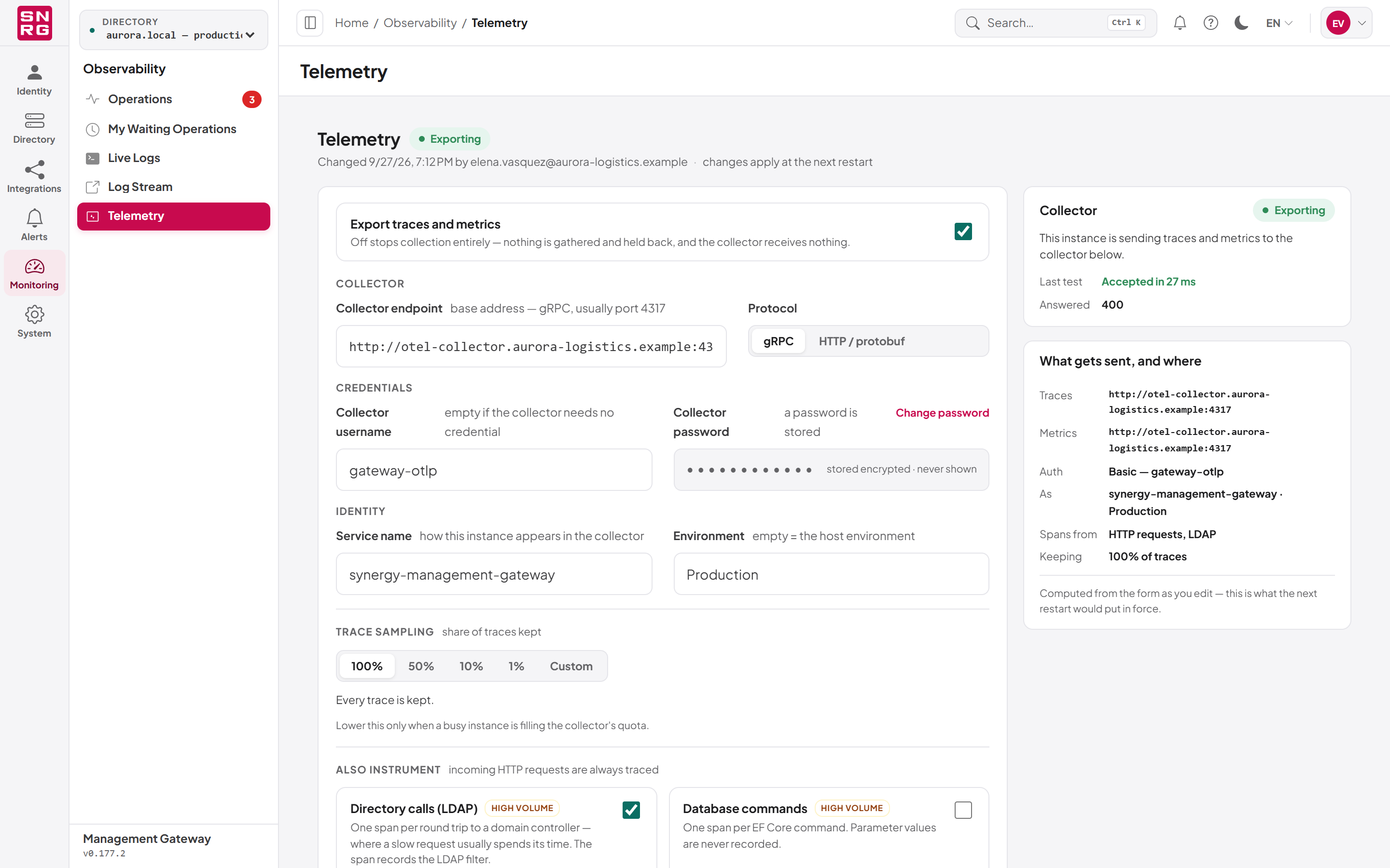 The Telemetry page while exporting