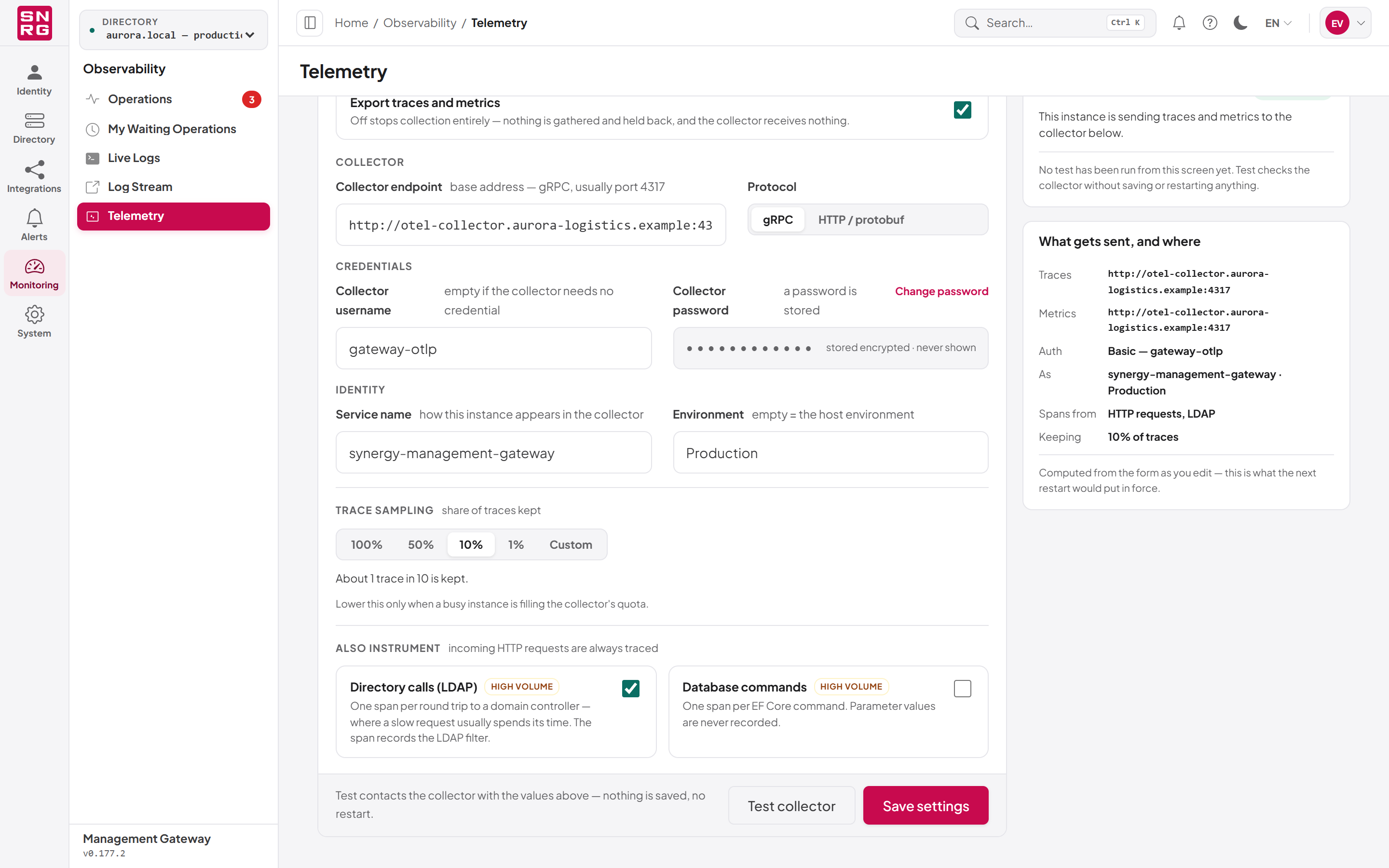 Telemetry credentials, sampling and instrumentation