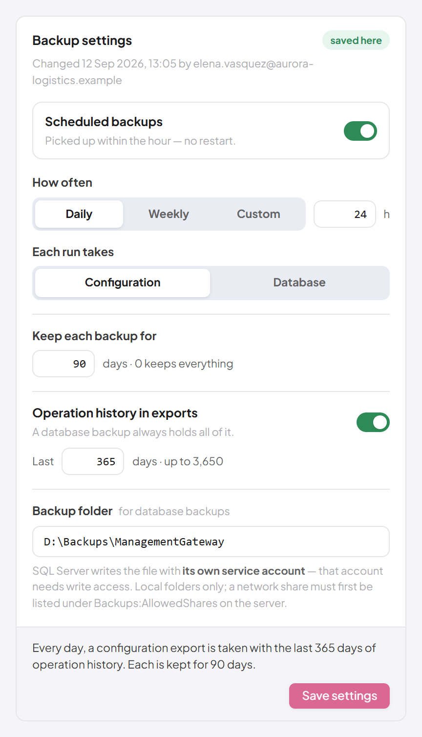 The backup settings panel